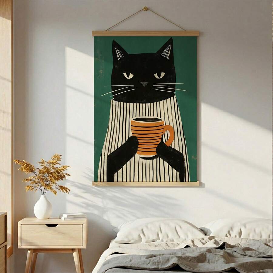 1幅黑色猫咪咖啡主题墙画,条纹毛衣印花帆布画,舒适现代海报,简约波西米亚风装饰,适用于厨房、客厅或办公室,宠物爱好者礼物,可选无框或有框。 - 彩色 - 查看 1