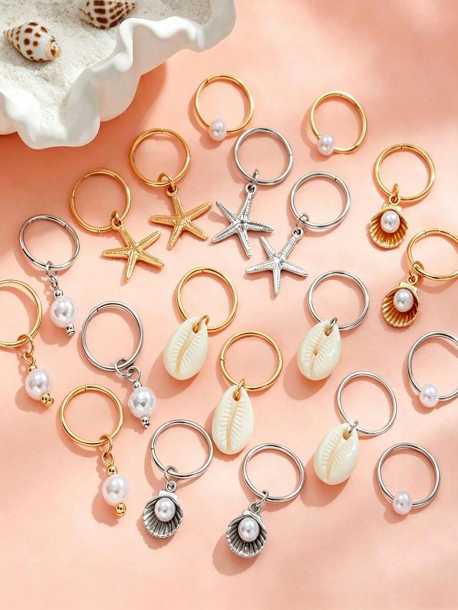 Bộ 20 phụ kiện tóc phong cách Bohemian bãi biển, vòng cài tóc hình sao biển và vỏ sò đính ngọc trai, phụ kiện tóc thời trang Y2K dành cho nữ. - Nhiều màu - Xem 1