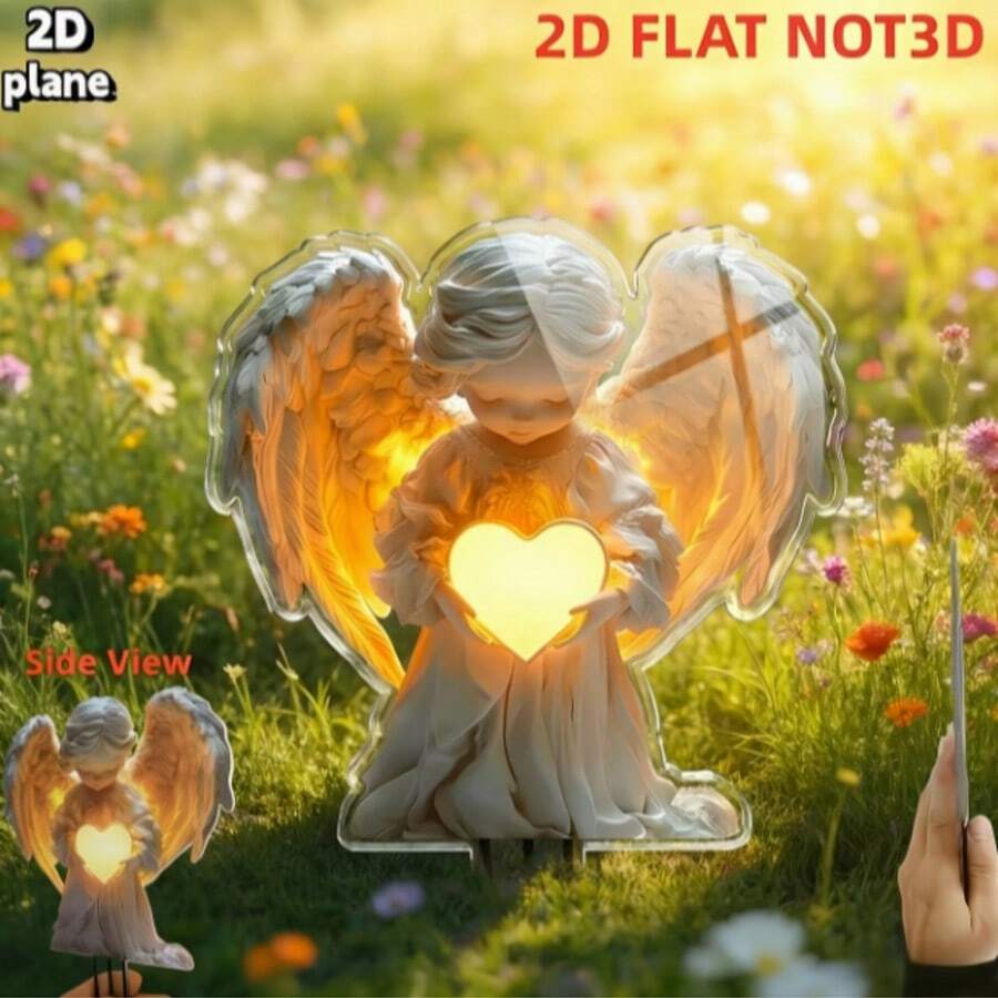 2D 立体天使心形花卉花园插牌，天使手捧永恒之心装饰插牌，户外庭院草坪墓地装饰，贴心礼物
