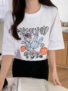 Women's Cartoon Graphic Print Short Sleeve T-Shirt, Plus Size Summer T-Shirt, Vintage Teacher Style, Unisex Street Style, Loose Fit Cotton Short Sleeve Round Neck T-Shirt, Women's Blouses, Women's T-Shirts, Casual Blouses For Ladies. - 白色 - 查看 6