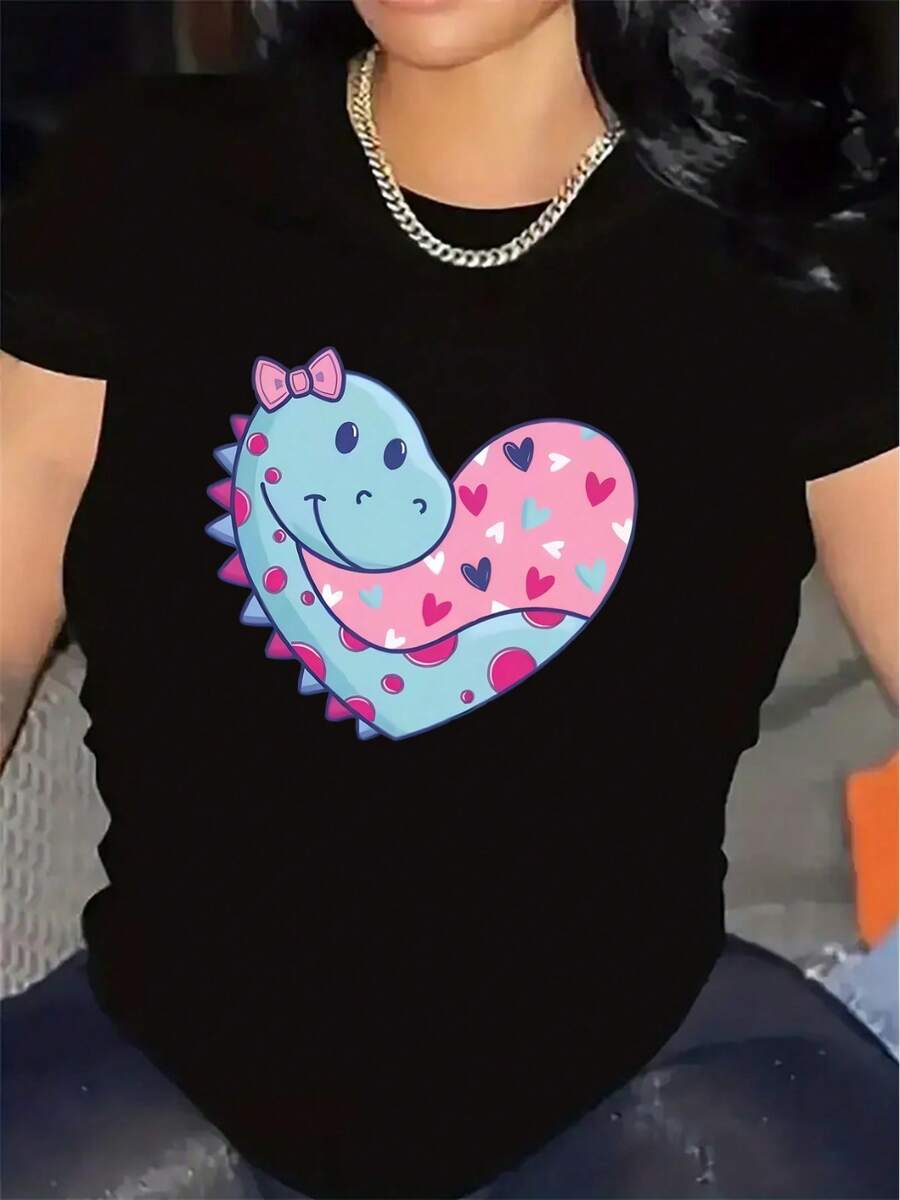 Women's Short-Sleeved T-Shirt With An Adorable Dinosaur Heart Design, Made Of Lightweight Fabric For Comfort, Suitable For Casual Outings At Home Or For Dinner, Soft Yet Durable, Available In Pink And Blue Color Combinations, Fun Cartoon Design. - màu đen - Xem 1