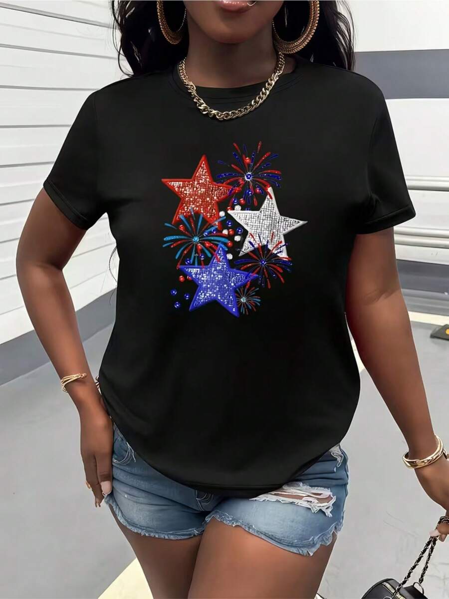 Limited Edition Women's T-Shirt With Patriotic Fireworks Print - Casual Short Sleeve, Crew Neck, Light Gray With Red, White And Blue Star Design, Perfect For Summer, Holidays And Parties, Casual Patriotic Design With Comfortable Fit, Lightweight Cotton. - 黑色 - 查看 1
