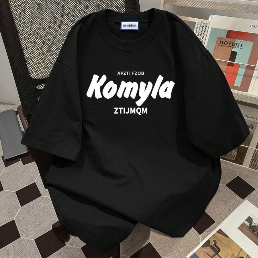 Conjunto de moda de verano para adolescentes, color sólido con estampado de letras, camiseta negra holgada de manga corta con mangas tres cuartos. - Negro [Calidad Premium] - Ver 1