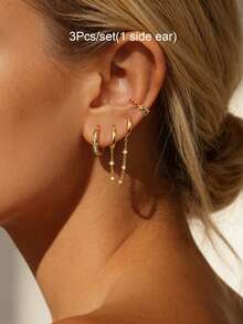 3 Stücke/Set Ohrringe für Frauen, vergoldet mit mehrfarbigem Zirkonia, Ohrmanschette mit Kette, doppelter Creolen-Ohrringe, Stapel-Ohrringe, Damen Schmuck Accessoires für den täglichen Gebrauch - 3 Teile/Satz (1 Seitenohr) - Übersicht 3