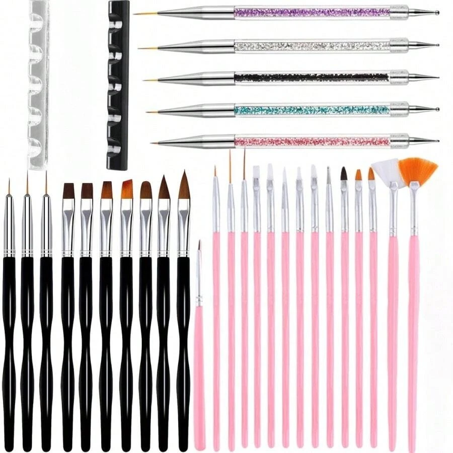 32件套美甲画笔美甲工具套装，包含勾线笔、点珠笔、UV凝胶笔等，适用于美甲沙龙和家庭使用。 - 彩色 - 查看 1