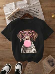 Women's T-Shirt With Graphic Cartoon Print Of A Short-Haired German Shorthaired Painted Dog - 100% Cotton, Loose Fit, Crew Neck, Short Sleeve, 180 G/M², Lightweight, Casual Summer Style With Random Print For Casual Wear, Sports And Outings, Y2k T-Shirt - 白色 - 查看 1