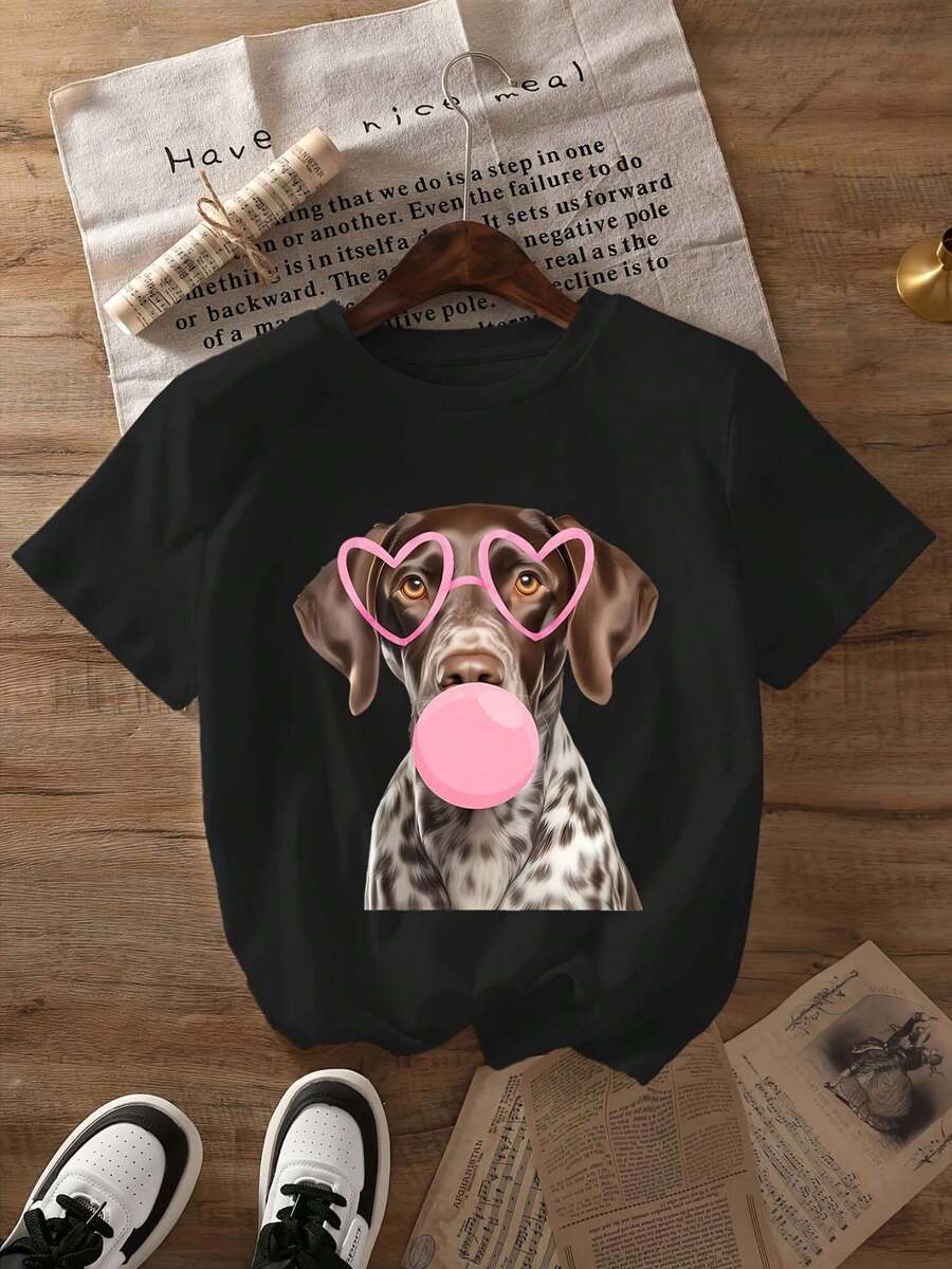 Women's T-Shirt With Graphic Cartoon Print Of A Short-Haired German Shorthaired Painted Dog - 100% Cotton, Loose Fit, Crew Neck, Short Sleeve, 180 G/M², Lightweight, Casual Summer Style With Random Print For Casual Wear, Sports And Outings, Y2k T-Shirt - 白色 - 查看 1
