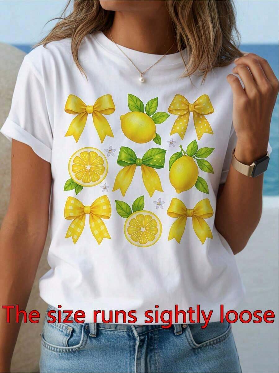 Designed For Modern, Stylish, And Comfortable Women. Women's Lemon Print Boho Top - Breathable, Medium-Stretch Blouse With Short Sleeves And A Round Neck - Versatile Top Suitable For Beach Vacations, Casual Wear, And Spring, Summer, And Fall Outfits. Machine Washable, Boho Style, And Makes A Great Gift. Made With Premium Soft And Breathable Fabric, Designed For All-Day Comfort And Versatile Everyday Wear, Perfect For Casual Outings. - 白色 - 查看 1
