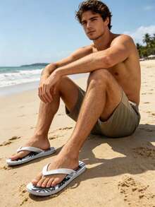 Men's Fashion Slippers With Coconut Tree & Letter Design, Casual Flip Flops For Beach, Party, Home & Outdoor, Summer - White a - View 3