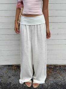 Women's Low Waisted Pants Solid Color Wide Leg Loose Fit Trousers Women Comfortable Casual Daily Wear - Blanco - Ver 3