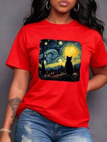 A Cat Admiring The Night Sky Filled With Swirling Stars And A Radiant Moon Over A Dreamlike Village, An Artistic Scene That Captures Magic And Serenity. Women's T-Shirt, 100% Cotton, Maija Curvy Women. - 紅色 - 查看 7