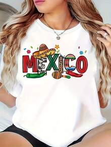 Camiseta de Mujer con Estampado Mexicano - Suave, Transpirable, Ligera, de Cuello Redondo y Manga Corta, Estampada con Sombrero Mexicano, Chihuahua y Cactus - Ropa Unisex para Vacaciones en México - Blanco - Ver 1