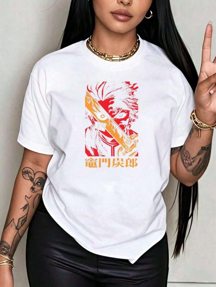 Under The Radar Crew Neck Funny Print T-Shirt With Red Demon Face Print, Inspired By Anime And Manga, For Women And Men, Unisex, Black, Casual, Suitable For Party Gifts - Urban Vintage Style, Unisex, Loose Fit, Cotton, Short Sleeve, Crew Neck. - 白色 - 查看 1