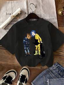 Women's Vintage Urban Style Clothing With Fun Prints, Simple Anime Prints, Comfortable And Versatile For Work, Women's Small Size T-Shirt With Niche  "Ghost Mom" Print, 100% Breathable Cotton - 黑色 - 查看 1