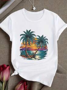 Camiseta de Mujer con Estampado de Palma Tropical y Atardecer, Cuello Redondo Suave, Camiseta Casual Transpirable Blanca, Adecuada para Vacaciones en la Playa, Lavable a Máquina, Ropa de Verano para Uso Diario, Camiseta con Estampado de Atardecer "Es Mi Ropa de Vacaciones para Mujer", Estampado de Alta Calidad - Estilo Urbano Vintage, Camiseta Unisex de Algodón Suelto de Manga Corta con Cuello Redondo. - Blanco - Ver 7