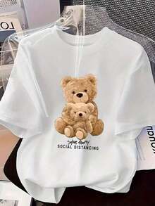 Women's Graphic Tee With Teddy Bear Print, Perfect For Casual Wear, Day Or Night, Spring Or Summer. Comfortable, Soft Material, Round Neck, Short Sleeves. - White - View 1