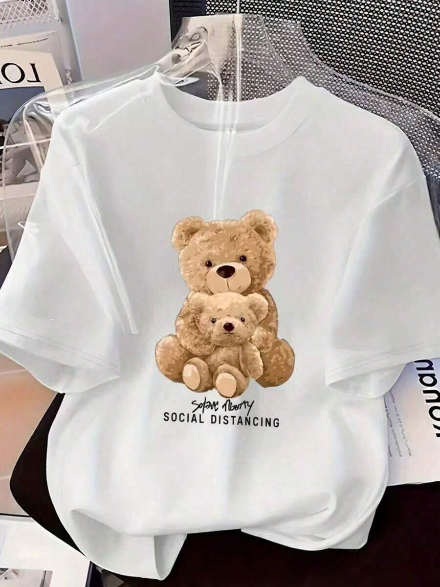 Women's Graphic Tee With Teddy Bear Print, Perfect For Casual Wear, Day Or Night, Spring Or Summer. Comfortable, Soft Material, Round Neck, Short Sleeves. - White - View 1