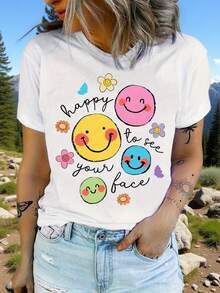 Camiseta con Estampado de Cara Alegre de Dibujos Animados, Camiseta para Maestros, Camiseta "Feliz de Ver Tu Cara", Camiseta "Vida de Maestro", Regalo de Agradecimiento para Maestros, Regalo para el Día del Maestro - Blanco - Ver 7