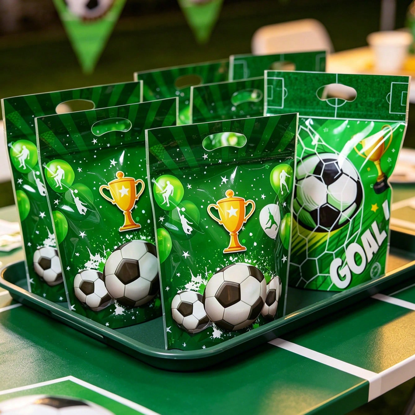 10/25 pezzi Borse regalo con stampa calcio, borse autoportanti con motivo a tema calcio, accessori per tifosi di calcio, decorazioni per feste di