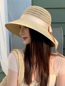 1pc Women Summer Sun Hat, Simple & Stylish Big Brimmed Bowknot Decor Straw Hat, Versatile Sun Protection Accessories - Multicolor - View 14