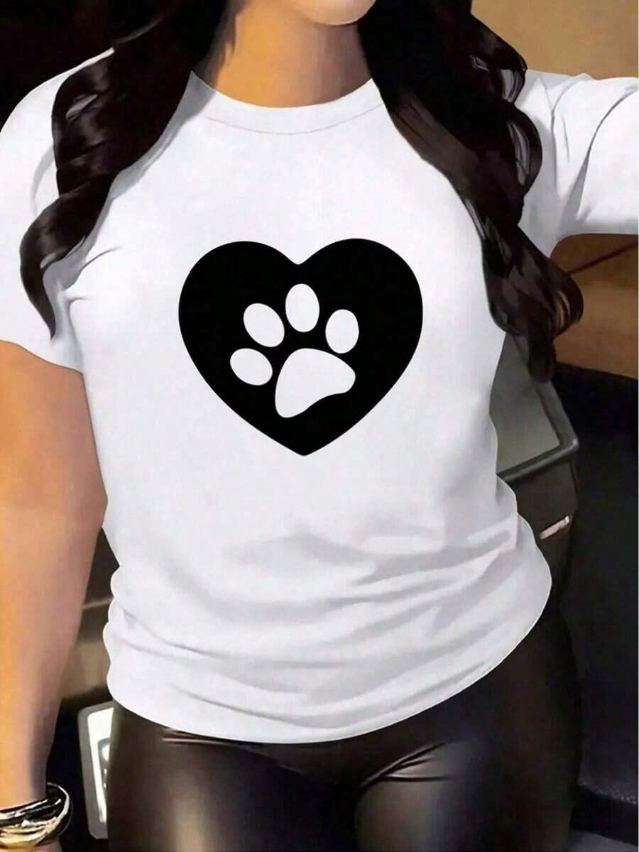 SimpieAndVersatileDesignflash Offer, Casual Blouses For Women, Women's T-Shirts, Women's T-Shirts>Cotton, Blouses>Elegant, Women's T-Shirts Footprint Heart Print Spring Summer Casual Loose Round Neck Short Sleeve Cotton T-Shirt - 白色 - 查看 1