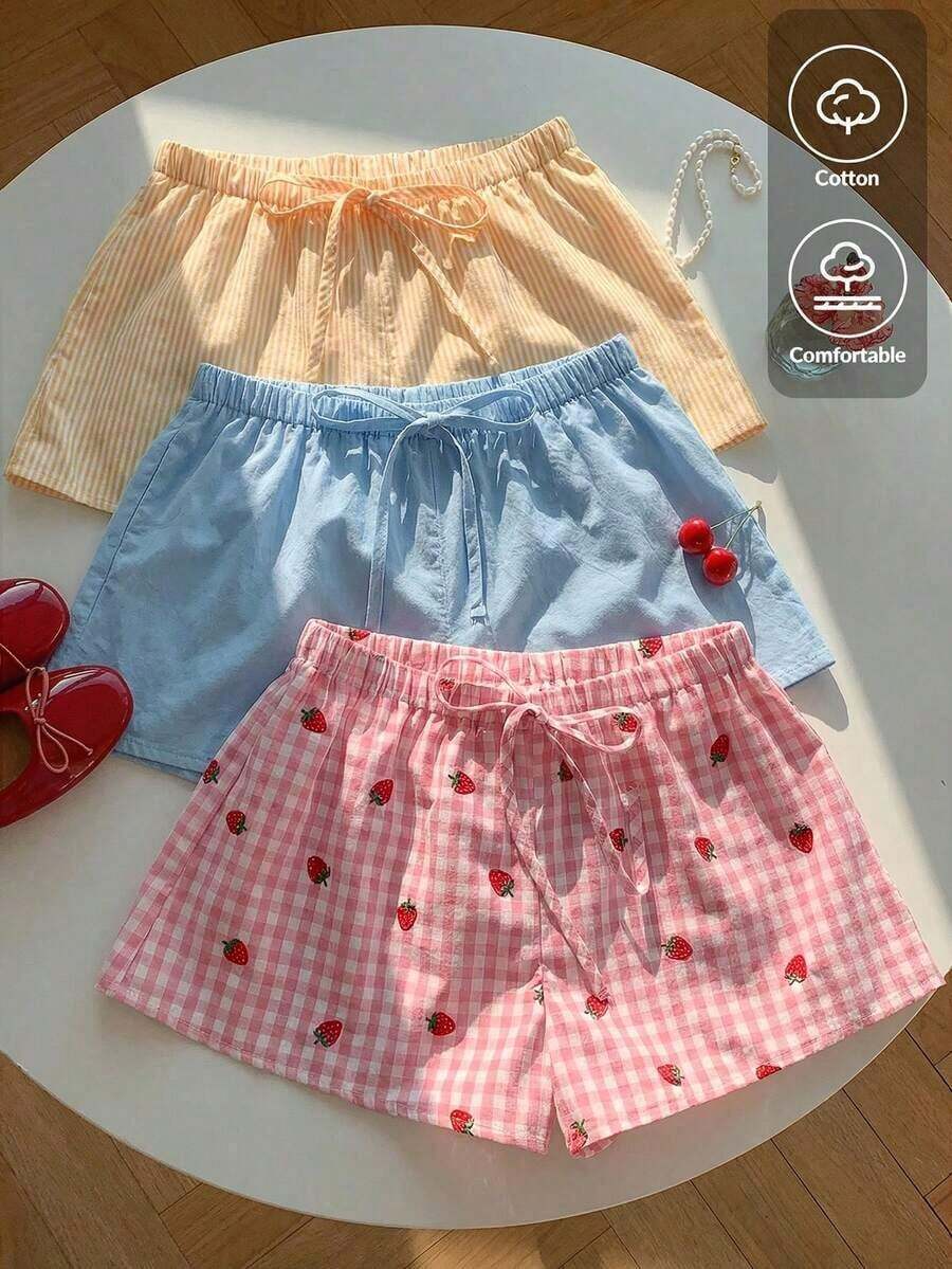 3 pantalones cortos sueltos y casuales con cintura de atar para mujer - Multicolor 11 - Ver 1