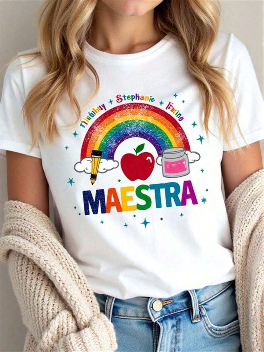 NewSummerCasualCamiseta de mujer estilo profesora Rainbow Maestra, de algodón suave, corte holgado, transpirable, estilo urbano hip-hop, con estampado llamativo.-Vintage Street Style Unisex Loose Cotton Short Sleeve Crew Neck T-Shirt - Blanco - Ver 1