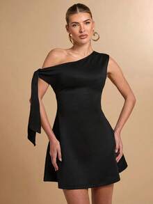Falda asimétrica elegante de línea A con volantes en el bajo y detalle de lazo en el hombro en diseño ajustado negro para mujer - Negro - Ver 4