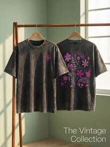 Fun Women's Clothing With  Cartoon Floral And Plant Prints, Street Style, Korean Style, Comfortable, Retro, Versatile For Work, Y2K Women's Clothing, Black Fitted Short-Sleeved Crew Neck T-Shirt, Niche Punk Style, Double-Sided Print, Comfortable Pure Cotton T-Shirt From The Washed Retro Series, Easily Creates Retro Casual Wear, Suitable For Daily Commutes, Casual Outings And Everyday Use, Classic Retro Style Women's Clothing. - 黑色 - 查看 6