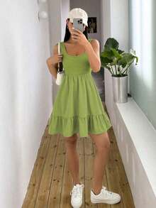 Vestido casual de mujer de unicolor con volantes en el bajo, para verano - Verde Oliva - Ver 7