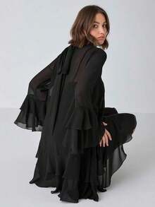 Vestido elegante de manga larga con cuello alto y diseño de capas en unicolor para mujer - Negro - Ver 8