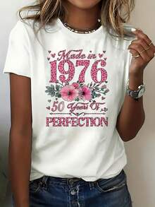 Camiseta Gráfica Blanca de Talla Grande para Mujer, Hecha en 1976, 50 Años de Perfección, Estampado Floral, Corazón y Leopardo, Cuello Redondo, Manga Corta, Casual, Regalo de Cumpleaños - Blanco - Ver 6
