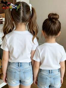 Disney Lilo & Stitch Stitch With Mickey Mouse Sketch Style Baby White T-Shirt, Cute Cartoon Print Sweatproof & Breathable Top For Toddler Girls - 白色 - 查看 2