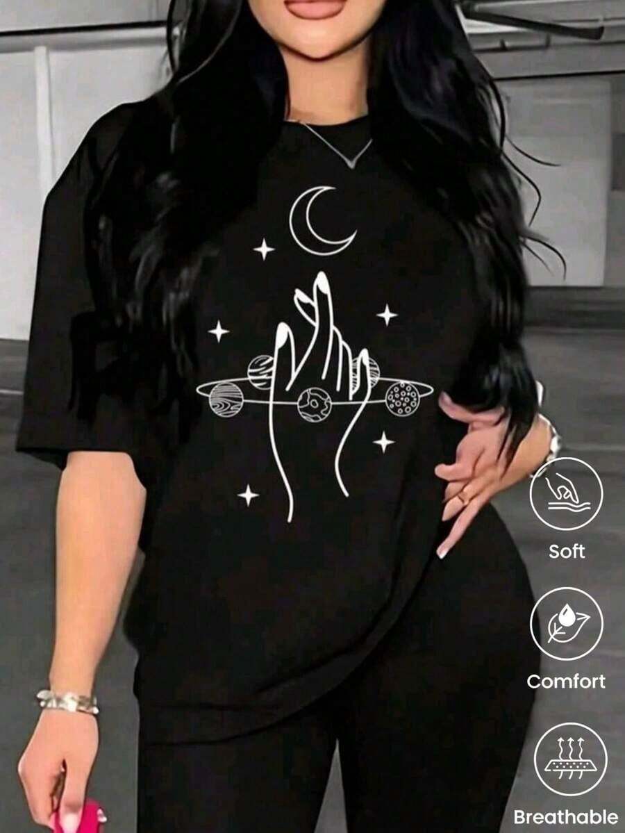ropa de mujer Camiseta de cuello redondo y mangas cortas de ropa fashion, fabricada en México, para la temporada primavera-verano 2026. Con estampado de dibujos animados, es un modelo de pareja, apta para usar tanto por dentro como por fuera, ideal para oficina y estilo casual, diseñada para hombres y mujeres, en unidad individual. camisas de mujer - Negro - Ver 1