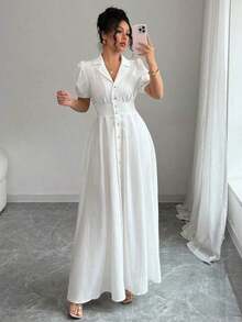 Vestido elegante de mujer de unicolor con cuello de solapa y mangas abullonadas - Beis - Ver 7