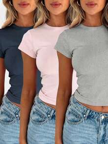 Camiseta De Verano Para Mujer unicolor De Cuello Redondo Y Manga Corta De Ajuste Delgado - Multicolor 4 - Ver 6