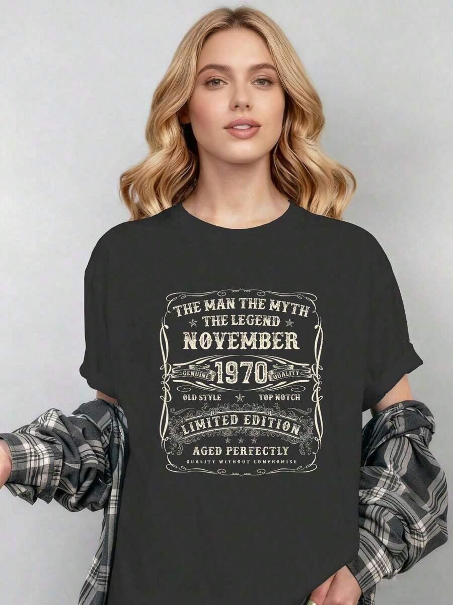Birthday Gifts For A 55th Birthday In November 1970 For 55-Year-Old Men, Graphic Print T-Shirts For Women, Fashion Clothing. - 黑色 - 查看 1