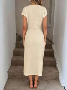 Vestido midi casual de mujer con estampado de lunares, cintura retorcida y abertura alta sin mangas; Vestido ajustado texturizado casual de mujer; Conjunto de fitness de mujer; Vestido de invitada de boda de mujer; Atuendo de oficina de mujer - Blanco 2 - Ver 4