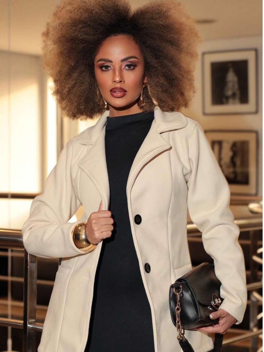 Women's Medium Overcoat With Pockets And Buttons, 100% Polyester Wool, Elegant Winter New Arrival - 淺米色 - 查看 1