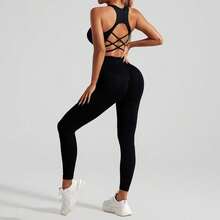 2-Piece Seamless Back Yoga Suit Set, Sports Underwear Women's High Waist Peach Hip Fitness Yoga Pants - Áo ngực hở lưng màu đen và quần yoga - Xem 6
