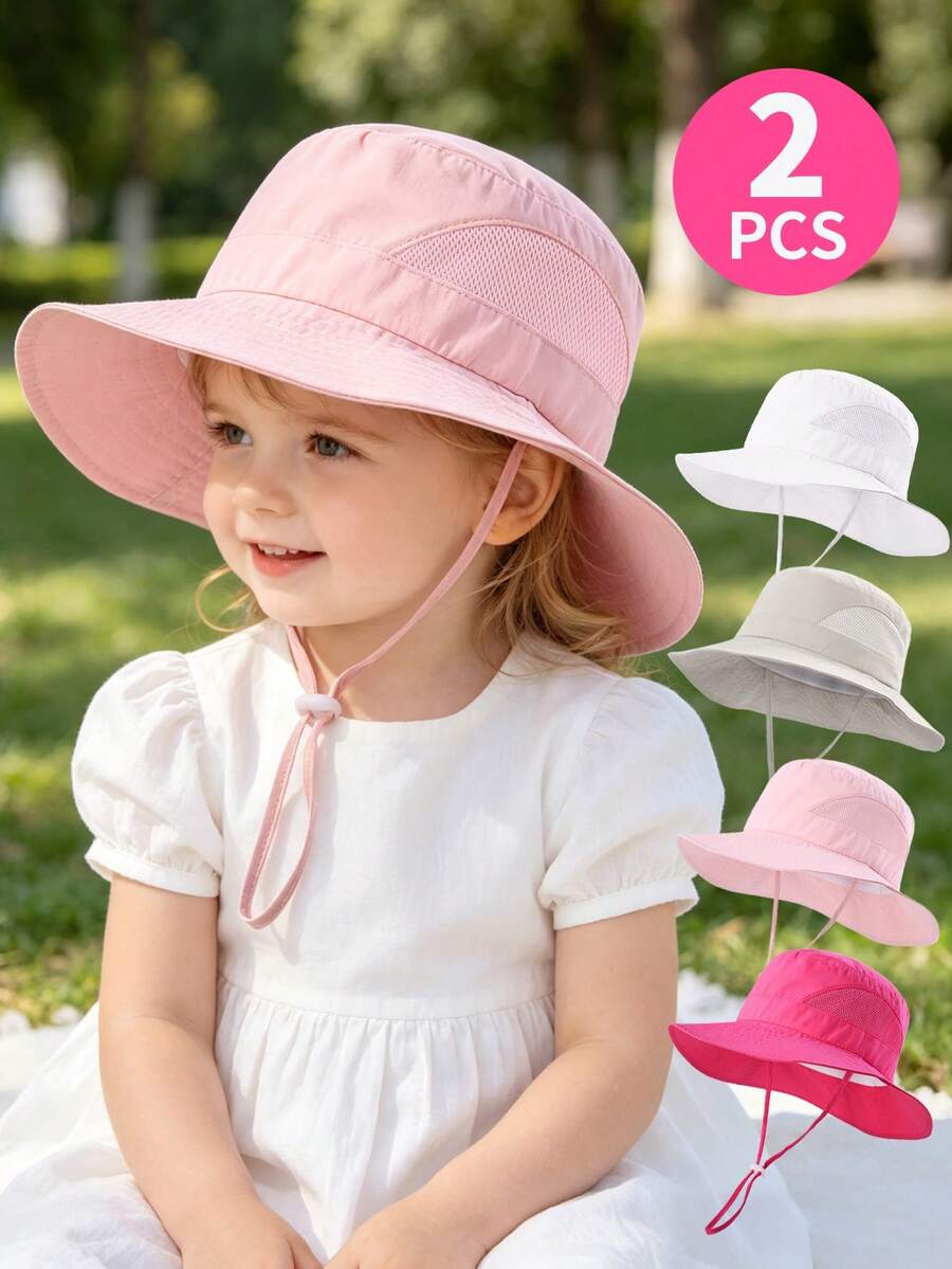 2pcs Kids' Lightweight Quick-Dry Large Brim Mesh Bucket Hat With Drawstring, Suitable For Boys And Girls Outdoor Activities In Summer - 2PS - View 1