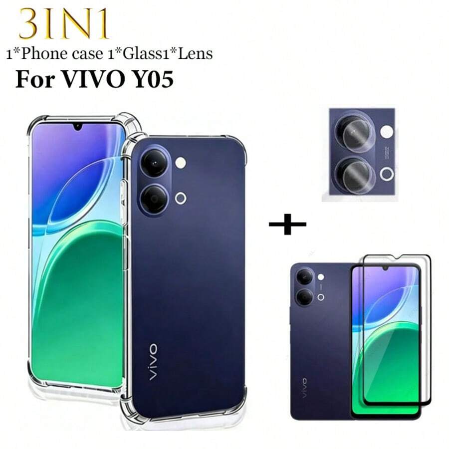 3合1 Y05 手機保護套 透明防摔 TPU 軟殼防震時尚手機殼 + 9H 硬度鋼化玻璃螢幕保護貼 + 3片鏡頭膜 防刮防爆防氣泡 遊戲套裝 易安裝 - 無色 - 查看 1