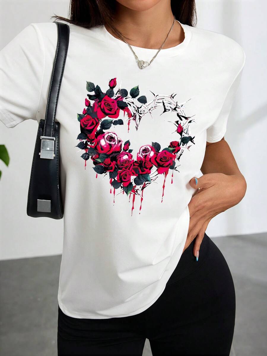 Camiseta blanca de mujer con estampado de corazón rosa, perfectara un uso cómodo y informal todos los días.