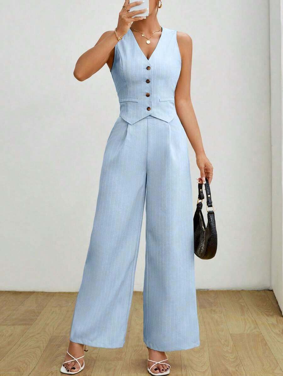 PETITE Conjunto de dos piezas a rayas para mujer: chaleco de verano y pantalones - Conjunto de dama elegante de ajuste regular con cremallera, camiseta de color caqui y pantalones, atuendo casual de dos piezas para uso diario en primavera/otoño - Celeste - Ver 1