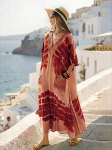 Vestido largo casual de mujer con estampado de teñido anudado, cuello en V verde, kimono de manga corta, bajo asimétrico, vestido de verano tipo kaftan para mujer, atuendo de playa, estilo mediterráneo, ropa bohemia - Marrón - Ver 5