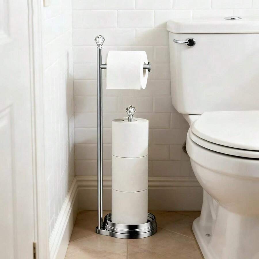 Soporte de papel higiénico de pie de metal resistente con bola de cristal, accesorios de baño, estante para toallas de papel - Plata brillante - Ver 1