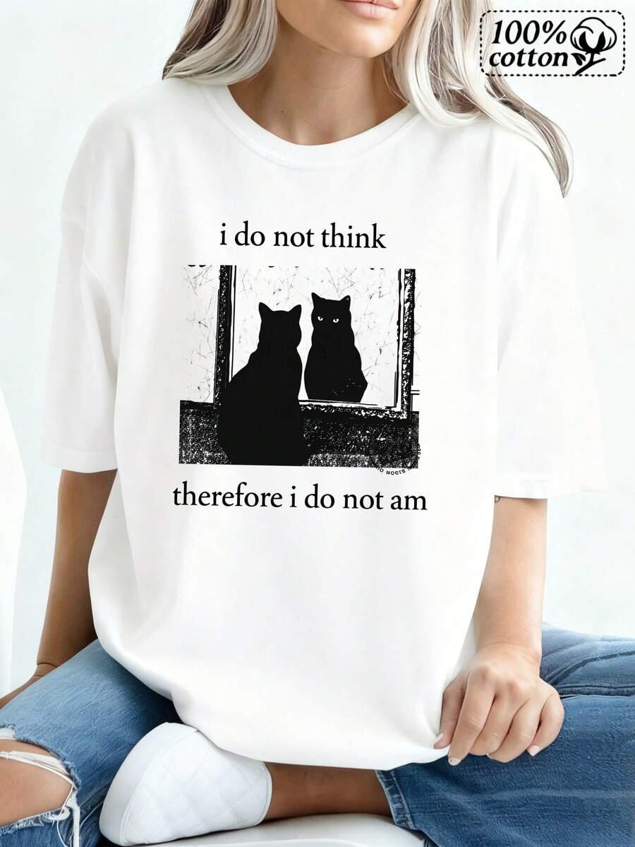 Women's White T-Shirt With A Cat Silhouette And The Phrase 'I Don't Think, Therefore I'm Not Comfortable.' Suitable For Casual Everyday Wear At Home. - 白色 - 查看 1