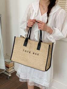 女款手工編織包，新款海灘度假單肩包，大容量草編籃子手提包 - 彩色 - 查看 6