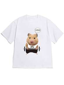 Short-Sleeved T-Shirt With Dropped Shoulders, New Spring/Summer 2026 Collection, With Illustration Of A Hamster Wearing A "Speckd" Vest Lifting A Bar + Combination Of Korean Dialogue Boxes "3대500", White Short-Sleeved T-Shirt, Quirky Korean Style, Cute And Fun, 100% Cotton. - 白色 - 查看 12