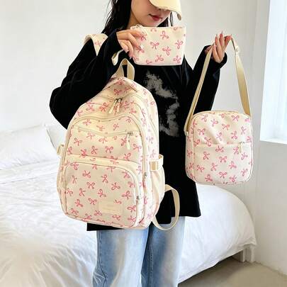 3pcs/Set Beige Nylon Bowknot Print Multi-Pocket Foldable Waterproof Zipper Backpack, Fashion School Bag With Pencil Case, Cute Bowknot Backpack Back To School Essential